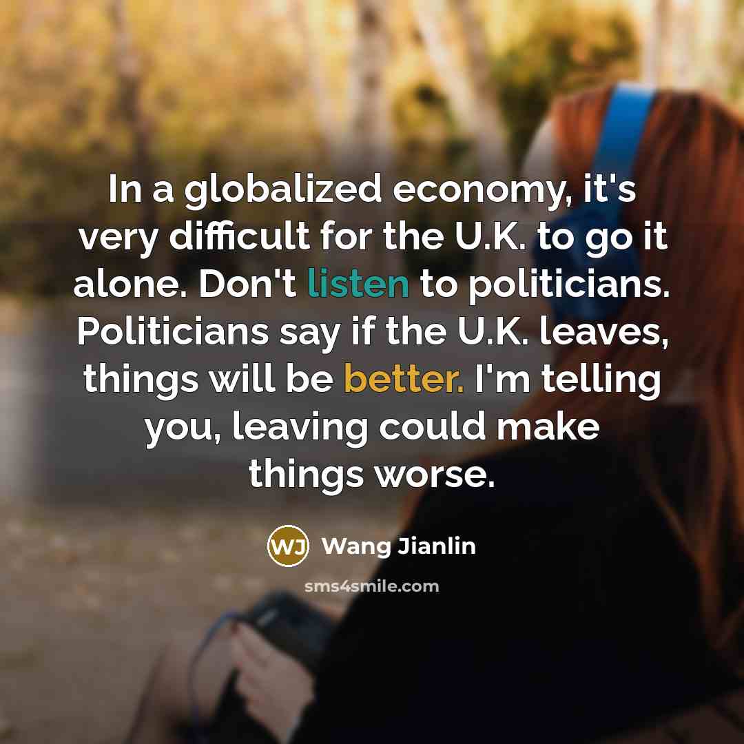 “In a globalized economy, it's very difficult for the U.K. to go it alone. Don't listen to politicians. Politicians say if the U.K. leaves, things will be better. I'm telling you, leaving could make things worse.” quote by Wang Jianlin