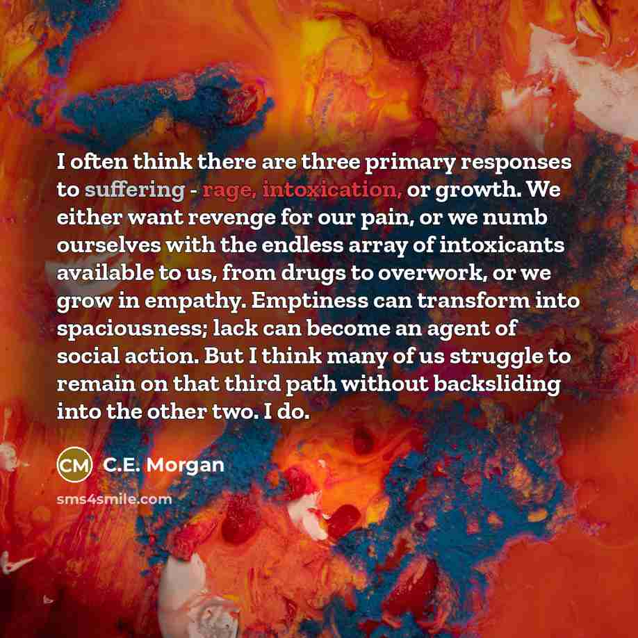 “I often think there are three primary responses to suffering - rage, intoxication, or growth. We either want revenge for our pain, or we numb ourselves with the endless array of intoxicants available to us, from drugs to overwork, or we grow in empathy. Emptiness can transform into spaciousness…” quote by C.E. Morgan