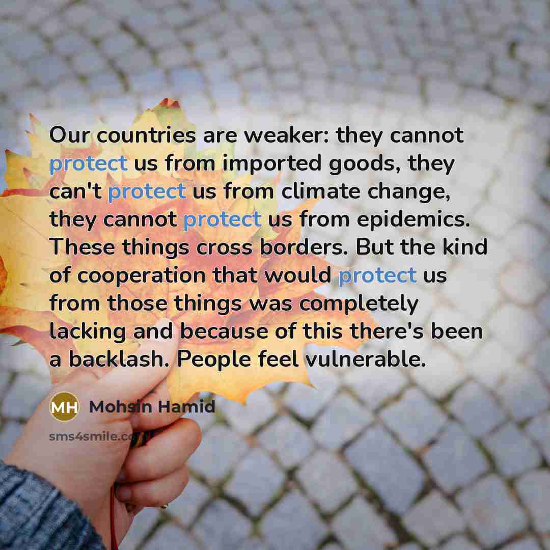“Our countries are weaker: they cannot protect us from imported goods, they can't protect us from climate change, they cannot protect us from epidemics. These things cross borders. But the kind of cooperation that would protect us from those things was completely lacking and because of this there's…” quote by Mohsin Hamid