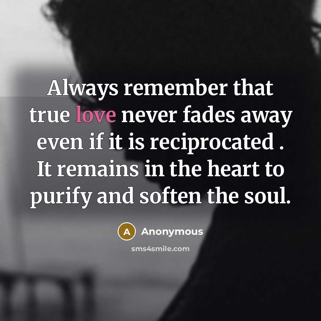 “Always remember that true love never fades away even if it is reciprocated . It remains in the heart to purify and soften the soul.” quote by Anonymous