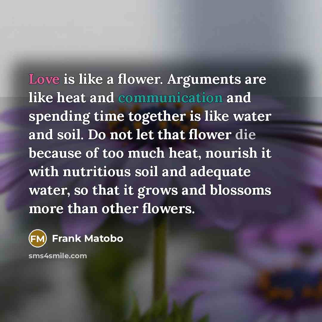 “Love is like a flower. Arguments are like heat and communication and spending time together is like water and soil. Do not let that flower die because of too much heat, nourish it with nutritious soil and adequate water, so that it grows and blossoms more than other flowers.” quote by Frank Matobo
