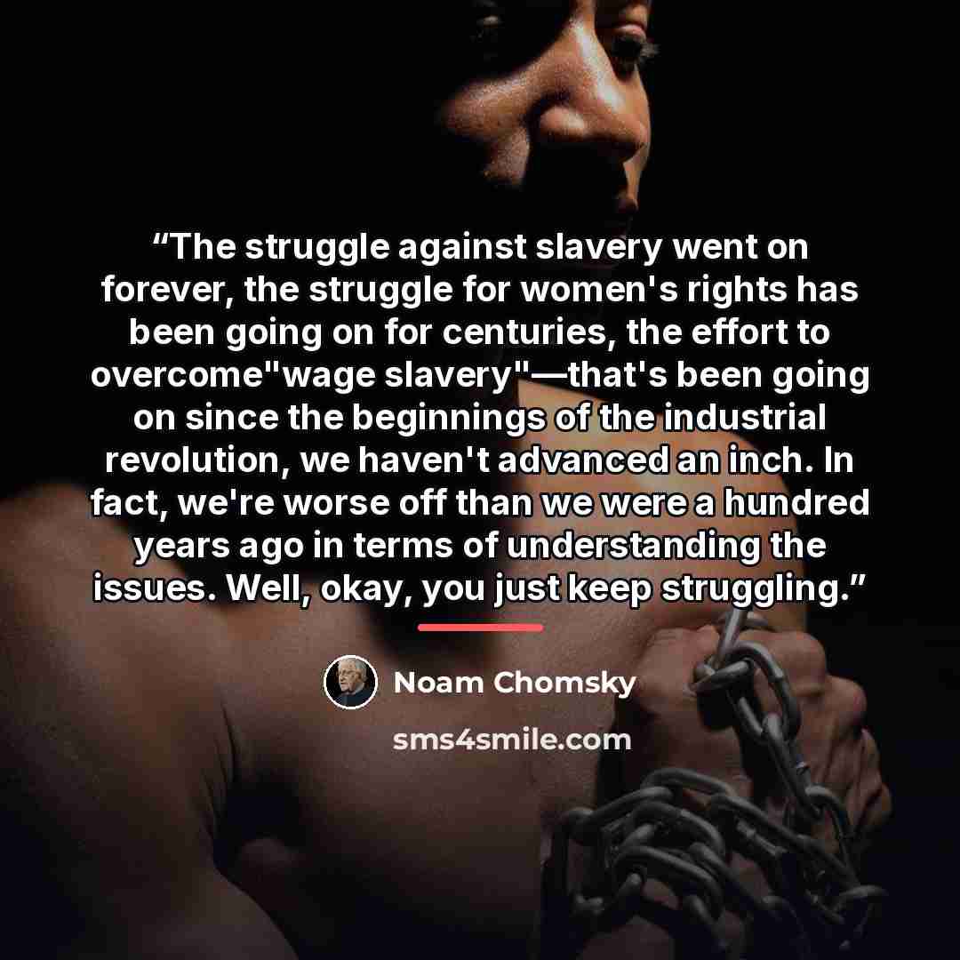 “The struggle against slavery went on forever, the struggle for women's rights has been going on for centuries, the effort to overcome"wage slavery"—that's been going on since the beginnings of the industrial revolution, we haven't advanced an inch. In fact, we're worse off than we were a hundred…” quote by Noam Chomsky