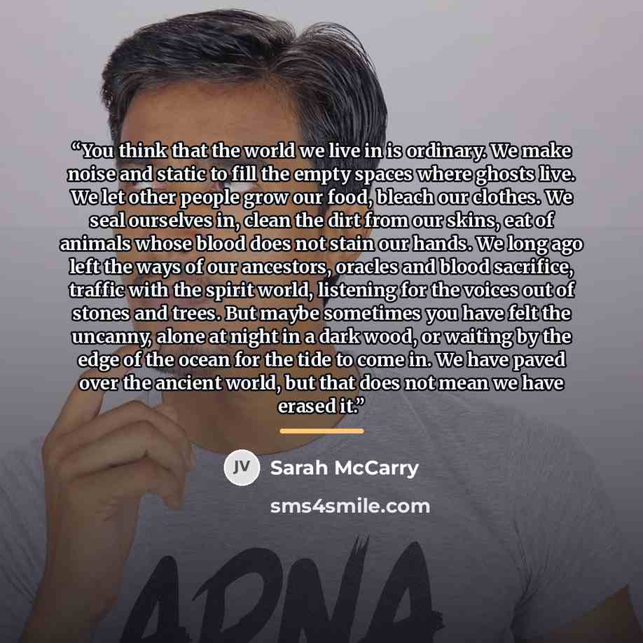 “You think that the world we live in is ordinary. We make noise and static to fill the empty spaces where ghosts live. We let other people grow our food, bleach our clothes. We seal ourselves in, clean the dirt from our skins, eat of animals whose blood does not stain our hands. We long ago left…” quote by Sarah McCarry