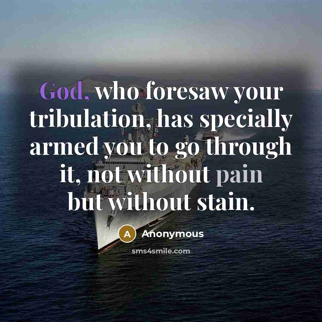 “God, who foresaw your tribulation, has specially armed you to go through it, not without pain but without stain.” quote by Anonymous