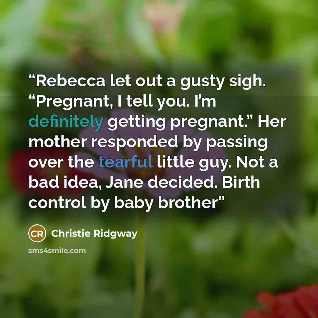 “Rebecca let out a gusty sigh. “Pregnant, I tell you. I’m definitely getting pregnant.” Her mother responded by passing over the tearful little guy. Not a bad idea, Jane decided. Birth control by baby brother” quote by Christie Ridgway