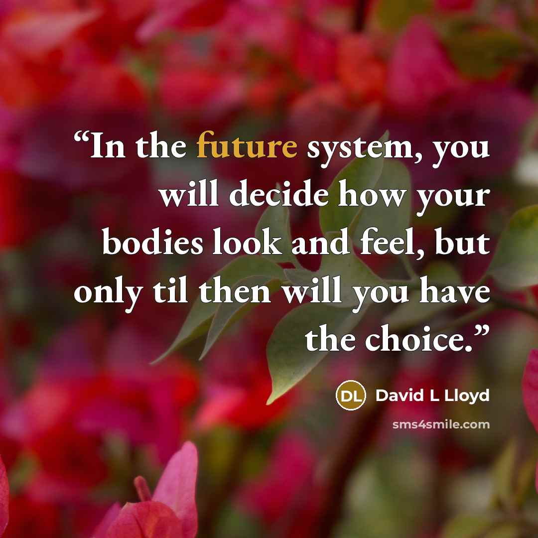 “In the future system, you will decide how your bodies look and feel, but only til then will you have the choice.” quote by David L Lloyd