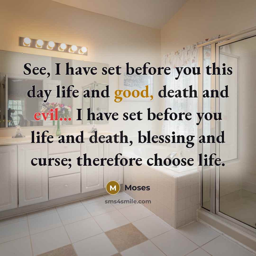 “See, I have set before you this day life and good, death and evil... I have set before you life and death, blessing and curse; therefore choose life.” quote by Moses
