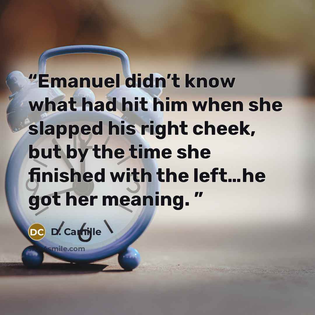 “Emanuel didn’t know what had hit him when she slapped his right cheek, but by the time she finished with the left…he got her meaning.” quote by D. Camille