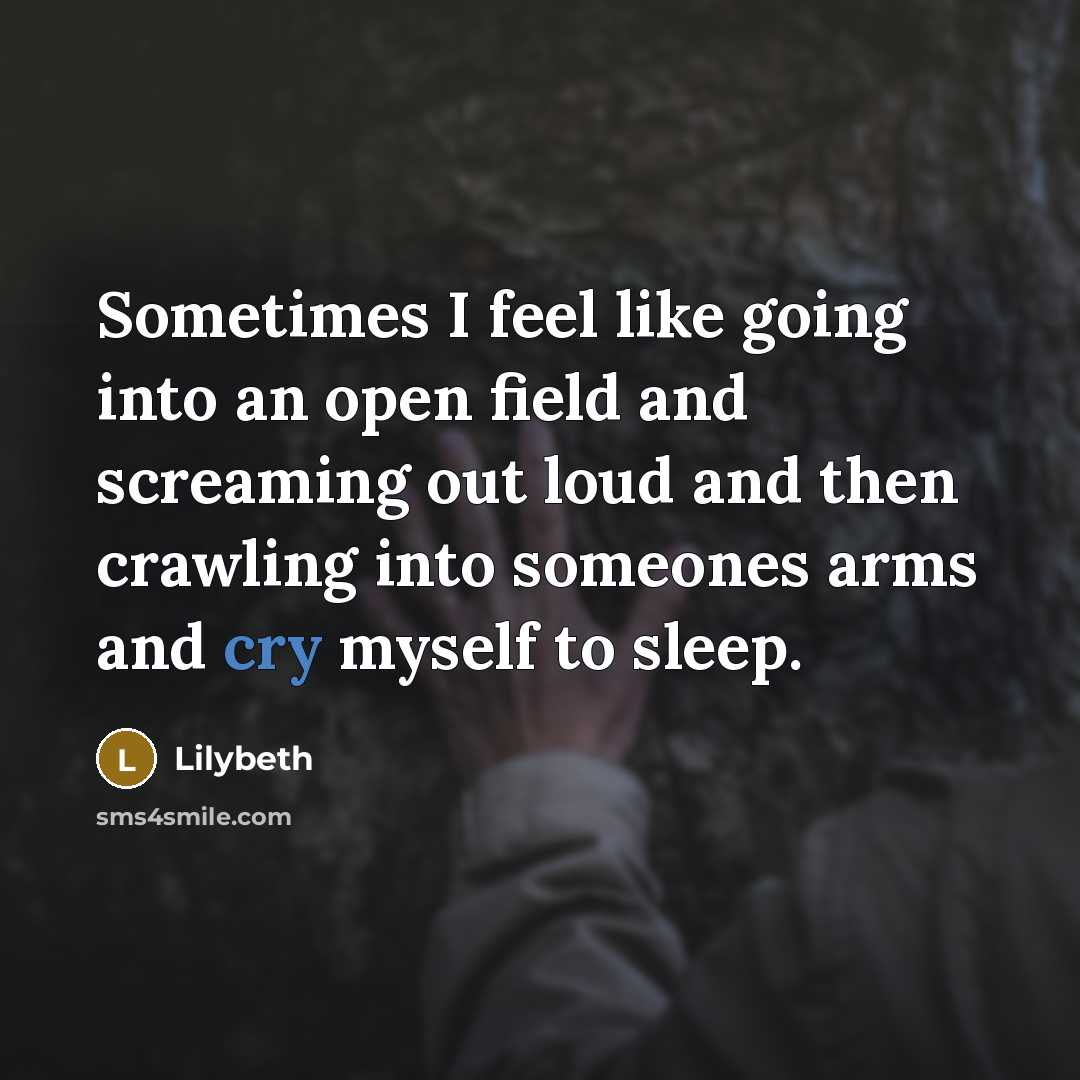“Sometimes I feel like going into an open field and screaming out loud and then crawling into someones arms and cry myself to sleep.” quote by Lilybeth