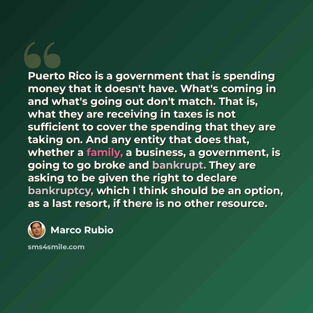 “Puerto Rico is a government that is spending money that it doesn't have. What's coming in and what's going out don't match. That is, what they are receiving in taxes is not sufficient to cover the spending that they are taking on. And any entity that does that, whether a family, a business, a…” quote by Marco Rubio