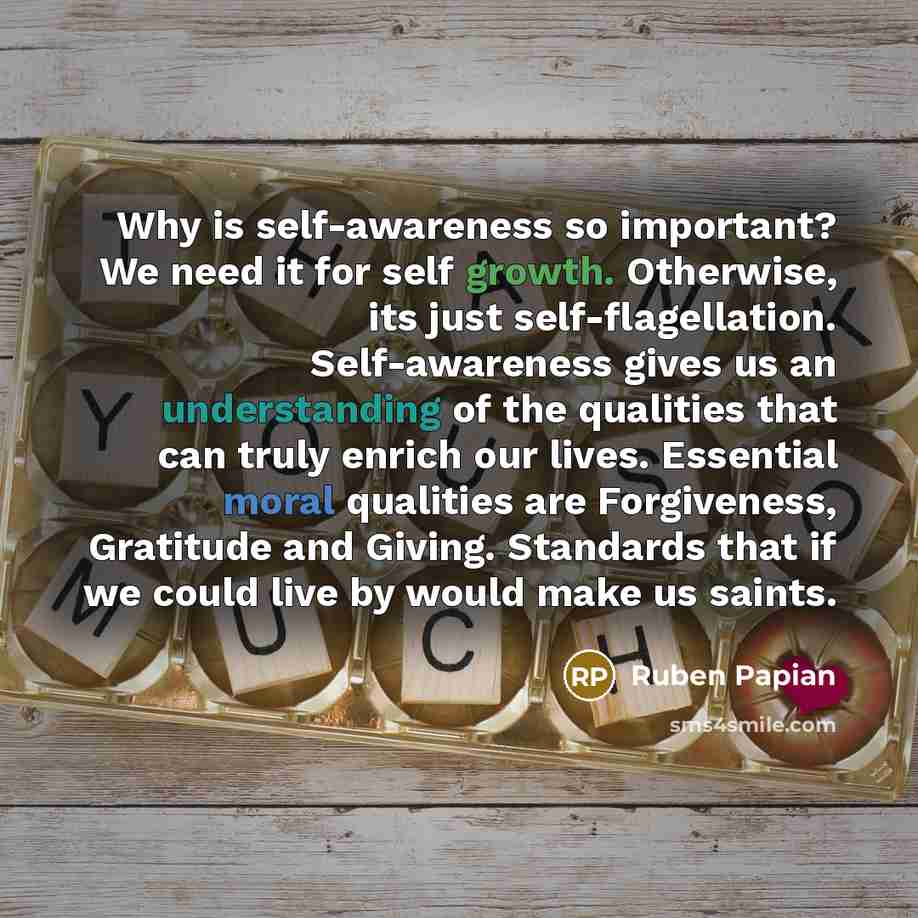 “Why is self-awareness so important? We need it for self growth. Otherwise, its just self-flagellation. Self-awareness gives us an understanding of the qualities that can truly enrich our lives. Essential moral qualities are Forgiveness, Gratitude and Giving. Standards that if we could live by…” quote by Ruben Papian