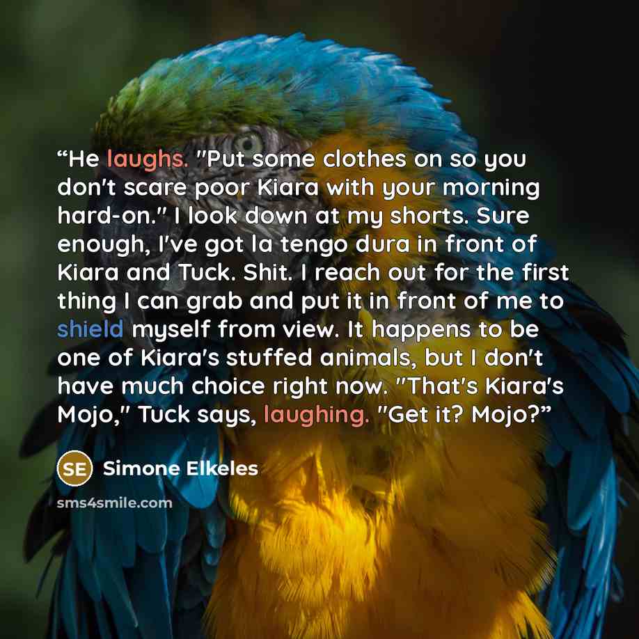 “He laughs. "Put some clothes on so you don't scare poor Kiara with your morning hard-on." I look down at my shorts. Sure enough, I've got la tengo dura in front of Kiara and Tuck. Shit. I reach out for the first thing I can grab and put it in front of me to shield myself from view. It happens to…” quote by Simone Elkeles