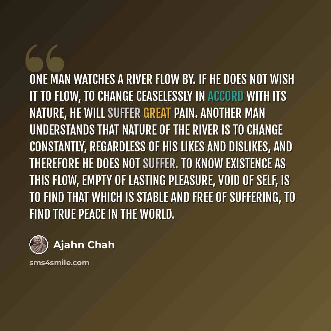 “One man watches a river flow by. If he does not wish it to flow, to change ceaselessly in accord with its nature, he will suffer great pain. Another man understands that nature of the river is to change constantly, regardless of his likes and dislikes, and therefore he does not suffer. To know…” quote by Ajahn Chah