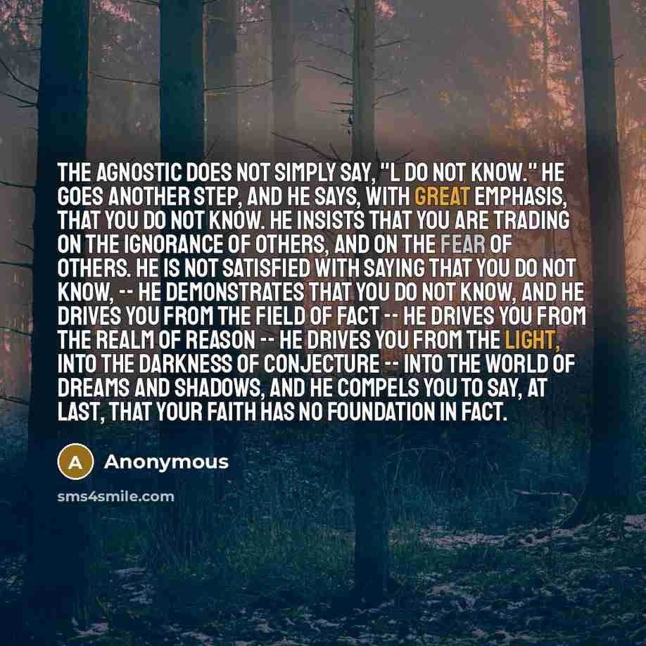 “The agnostic does not simply say, "l do not know." He goes another step, and he says, with great emphasis, that you do not know. He insists that you are trading on the ignorance of others, and on the fear of others. He is not satisfied with saying that you do not know, -- he demonstrates that you…” quote by Anonymous