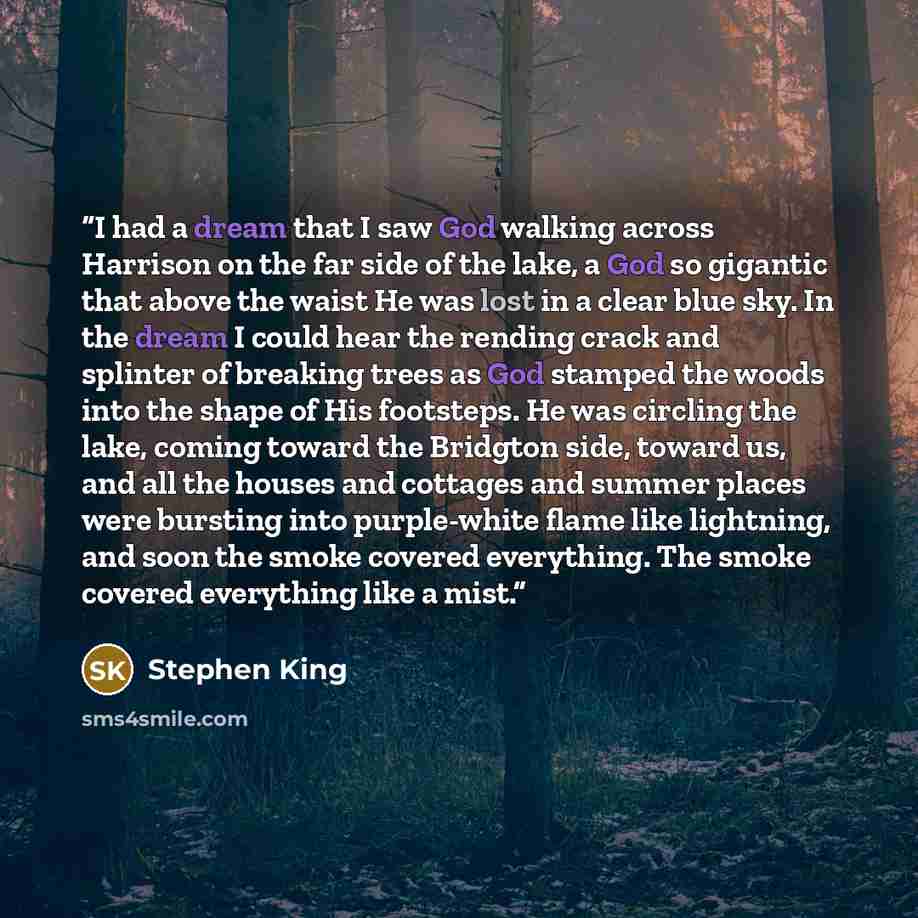 “I had a dream that I saw God walking across Harrison on the far side of the lake, a God so gigantic that above the waist He was lost in a clear blue sky. In the dream I could hear the rending crack and splinter of breaking trees as God stamped the woods into the shape of His footsteps. He was…” quote by Stephen King