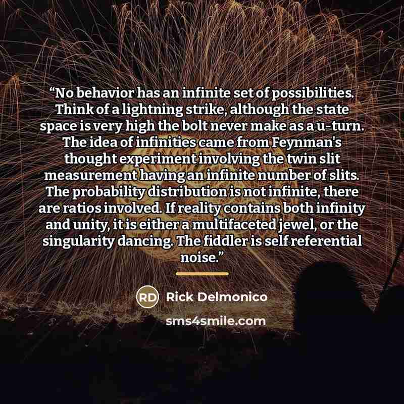 “No behavior has an infinite set of possibilities. Think of a lightning strike, although the state space is very high the bolt never make as a u-turn. The idea of infinities came from Feynman's thought experiment involving the twin slit measurement having an infinite number of slits. The…” quote by Rick Delmonico