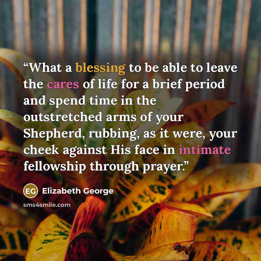 “What a blessing to be able to leave the cares of life for a brief period and spend time in the outstretched arms of your Shepherd, rubbing, as it were, your cheek against His face in intimate fellowship through prayer.” quote by Elizabeth George