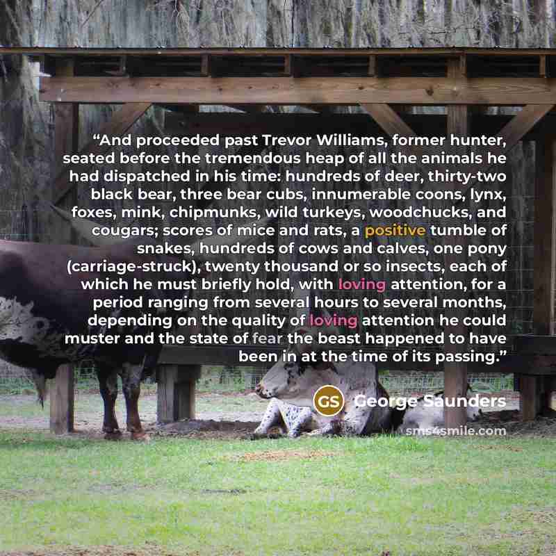 “And proceeded past Trevor Williams, former hunter, seated before the tremendous heap of all the animals he had dispatched in his time: hundreds of deer, thirty-two black bear, three bear cubs, innumerable coons, lynx, foxes, mink, chipmunks, wild turkeys, woodchucks, and cougars; scores of mice…” quote by George Saunders