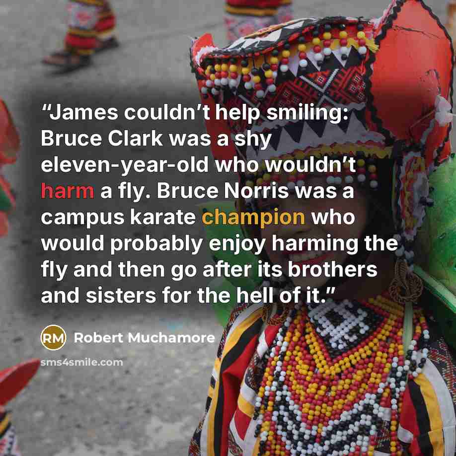 “James couldn’t help smiling: Bruce Clark was a shy eleven-year-old who wouldn’t harm a fly. Bruce Norris was a campus karate champion who would probably enjoy harming the fly and then go after its brothers and sisters for the hell of it.” quote by Robert Muchamore