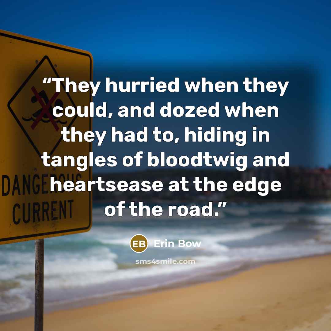 “They hurried when they could, and dozed when they had to, hiding in tangles of bloodtwig and heartsease at the edge of the road.” quote by Erin Bow