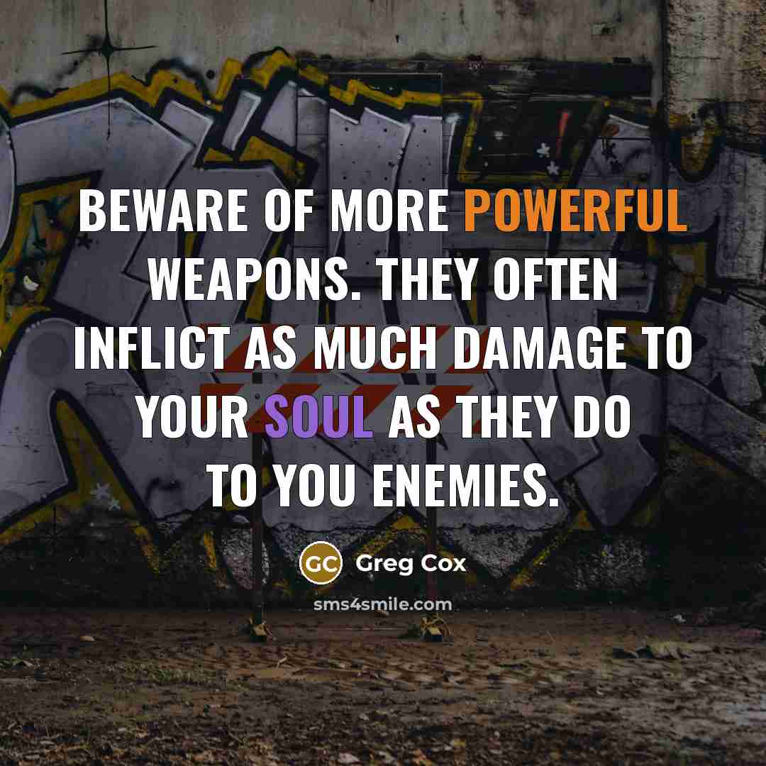 “Beware of more powerful weapons. They often inflict as much damage to your soul as they do to you enemies.” quote by Greg Cox