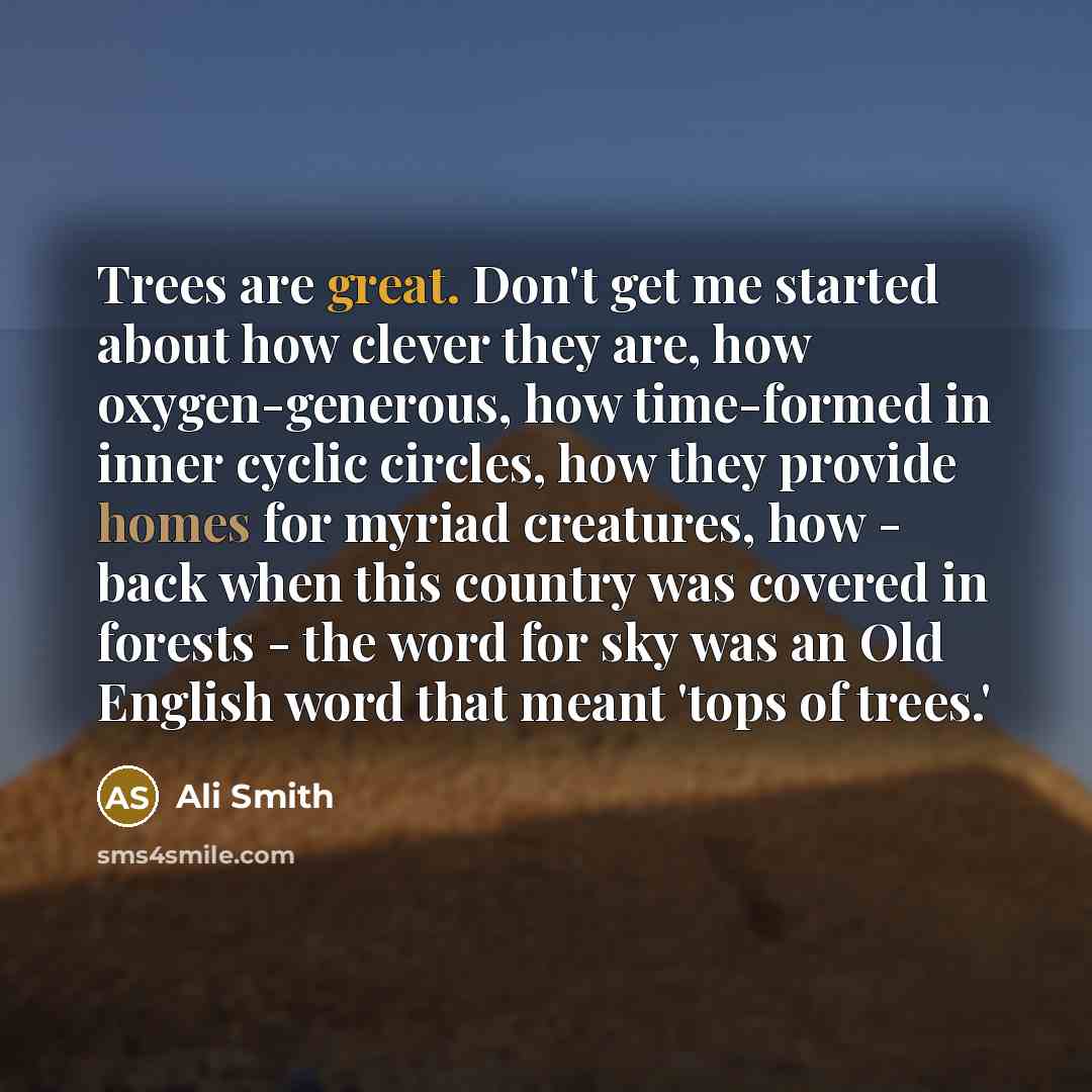 “Trees are great. Don't get me started about how clever they are, how oxygen-generous, how time-formed in inner cyclic circles, how they provide homes for myriad creatures, how - back when this country was covered in forests - the word for sky was an Old English word that meant 'tops of trees.'” quote by Ali Smith