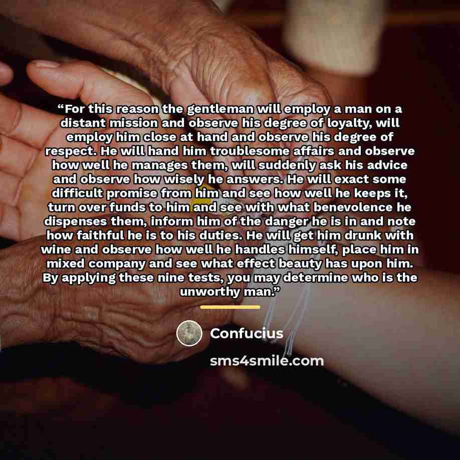 “For this reason the gentleman will employ a man on a distant mission and observe his degree of loyalty, will employ him close at hand and observe his degree of respect. He will hand him troublesome affairs and observe how well he manages them, will suddenly ask his advice and observe how wisely he…” quote by Confucius