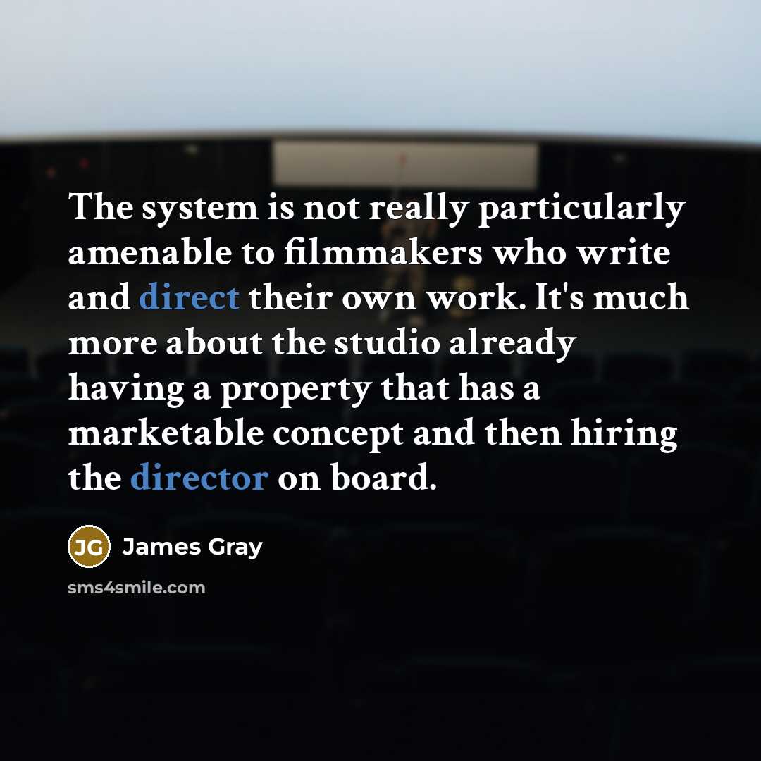 “The system is not really particularly amenable to filmmakers who write and direct their own work. It's much more about the studio already having a property that has a marketable concept and then hiring the director on board.” quote by James Gray