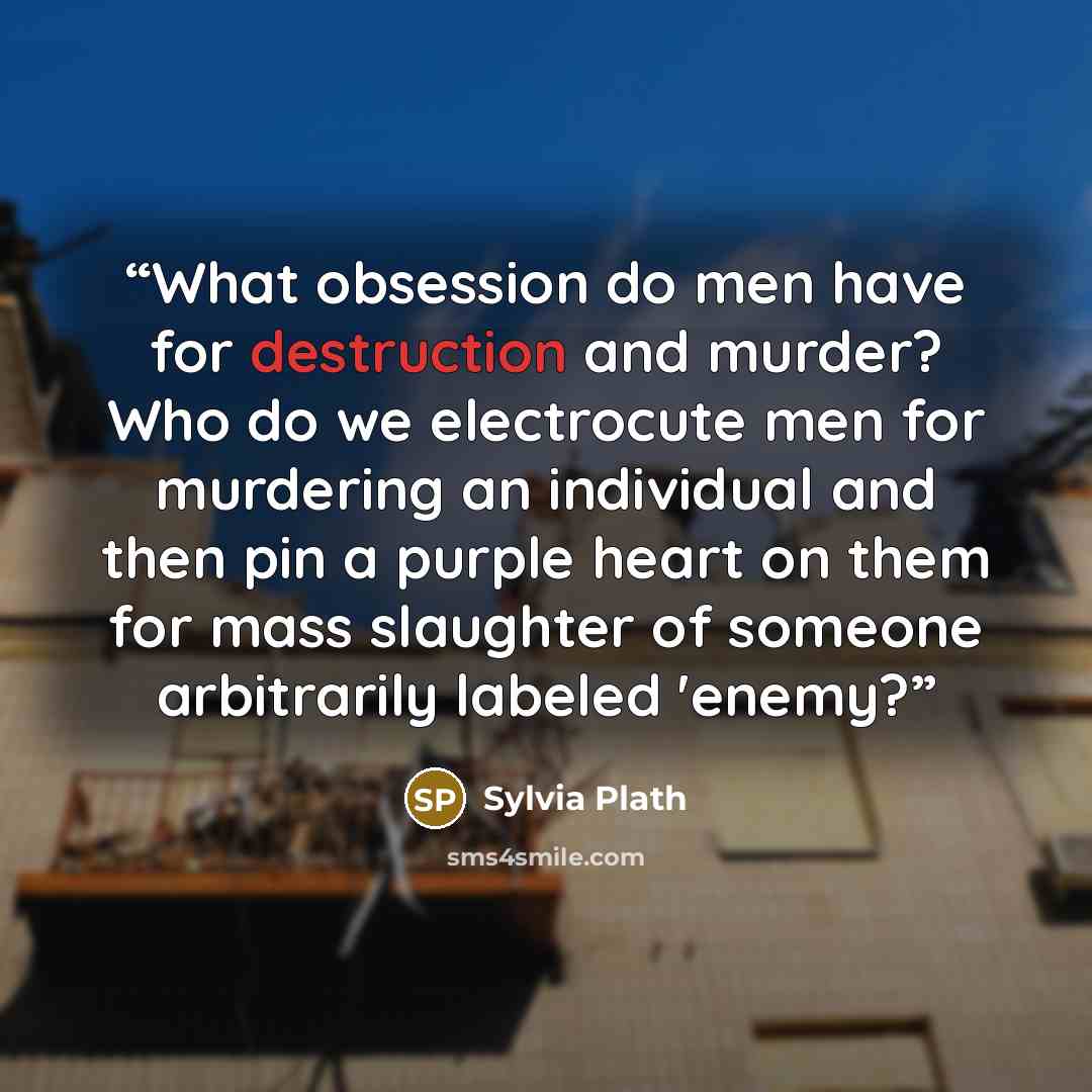 “What obsession do men have for destruction and murder? Who do we electrocute men for murdering an individual and then pin a purple heart on them for mass slaughter of someone arbitrarily labeled 'enemy?” quote by Sylvia Plath