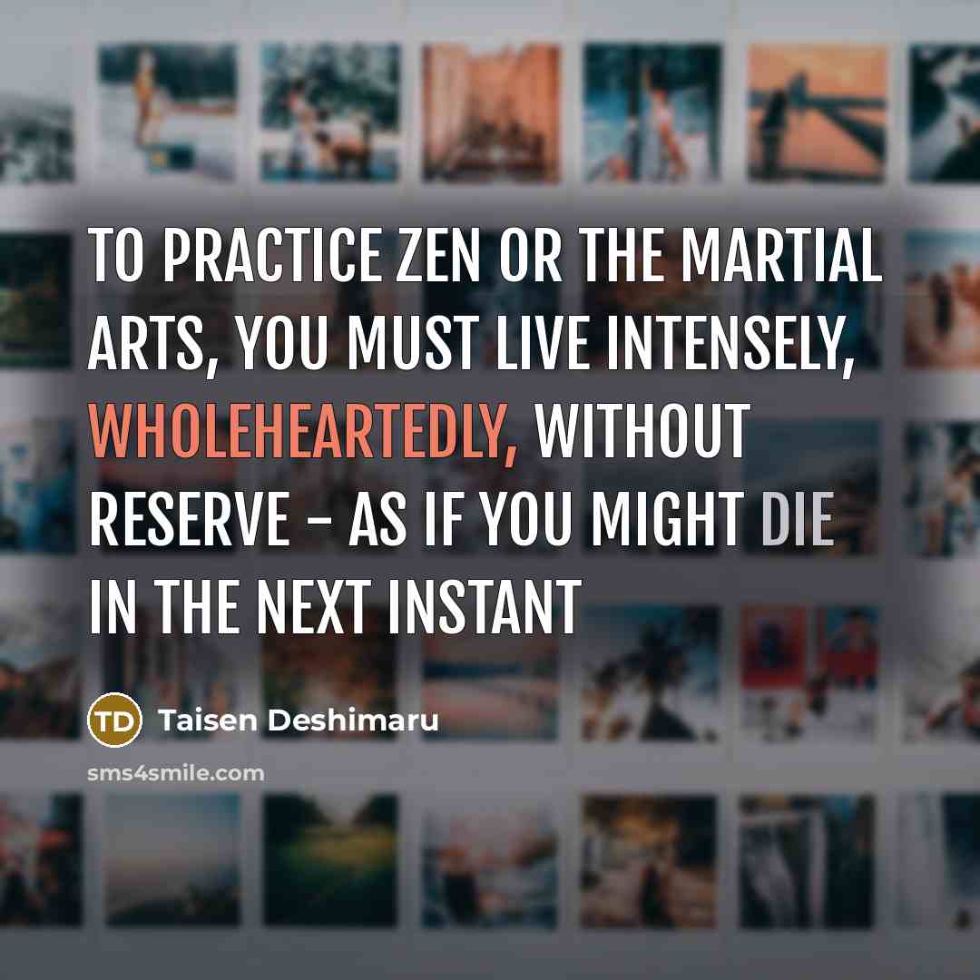 “To practice Zen or the Martial Arts, you must live intensely, wholeheartedly, without reserve - as if you might die in the next instant” quote by Taisen Deshimaru