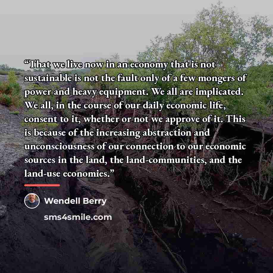 “That we live now in an economy that is not sustainable is not the fault only of a few mongers of power and heavy equipment. We all are implicated. We all, in the course of our daily economic life, consent to it, whether or not we approve of it. This is because of the increasing abstraction and…” quote by Wendell Berry