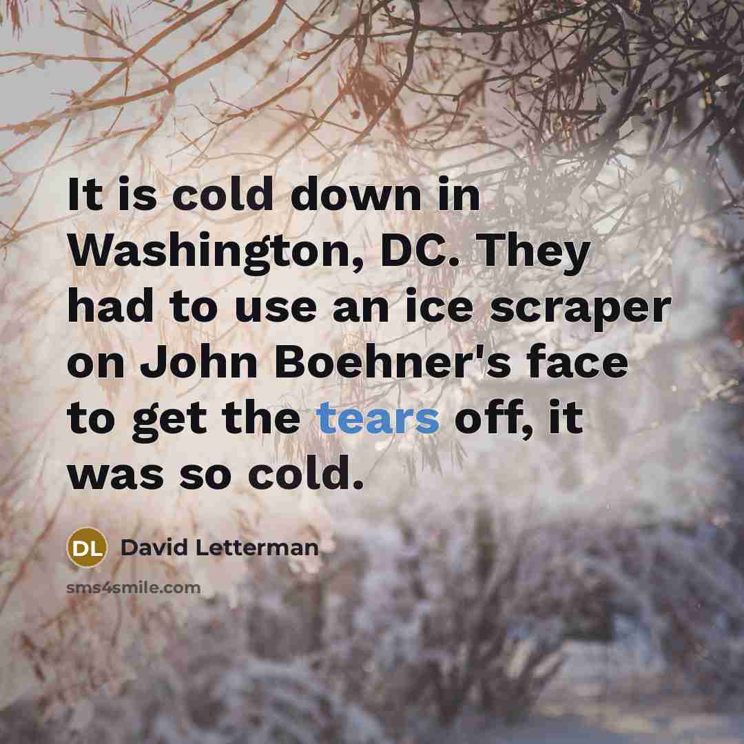“It is cold down in Washington, DC. They had to use an ice scraper on John Boehner's face to get the tears off, it was so cold.” quote by David Letterman