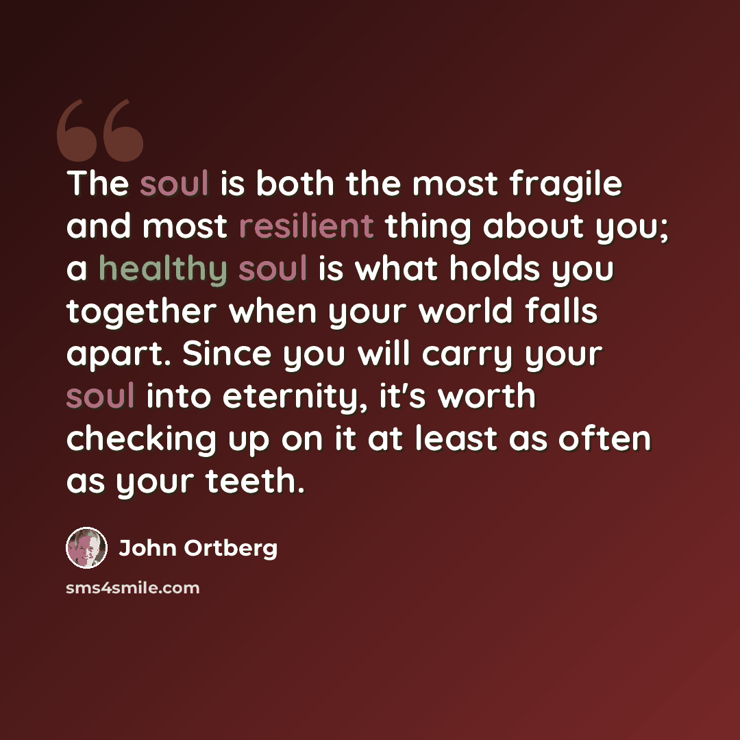 “The soul is both the most fragile and most resilient thing about you; a healthy soul is what holds you together when your world falls apart. Since you will carry your soul into eternity, it's worth checking up on it at least as often as your teeth.” quote by John Ortberg