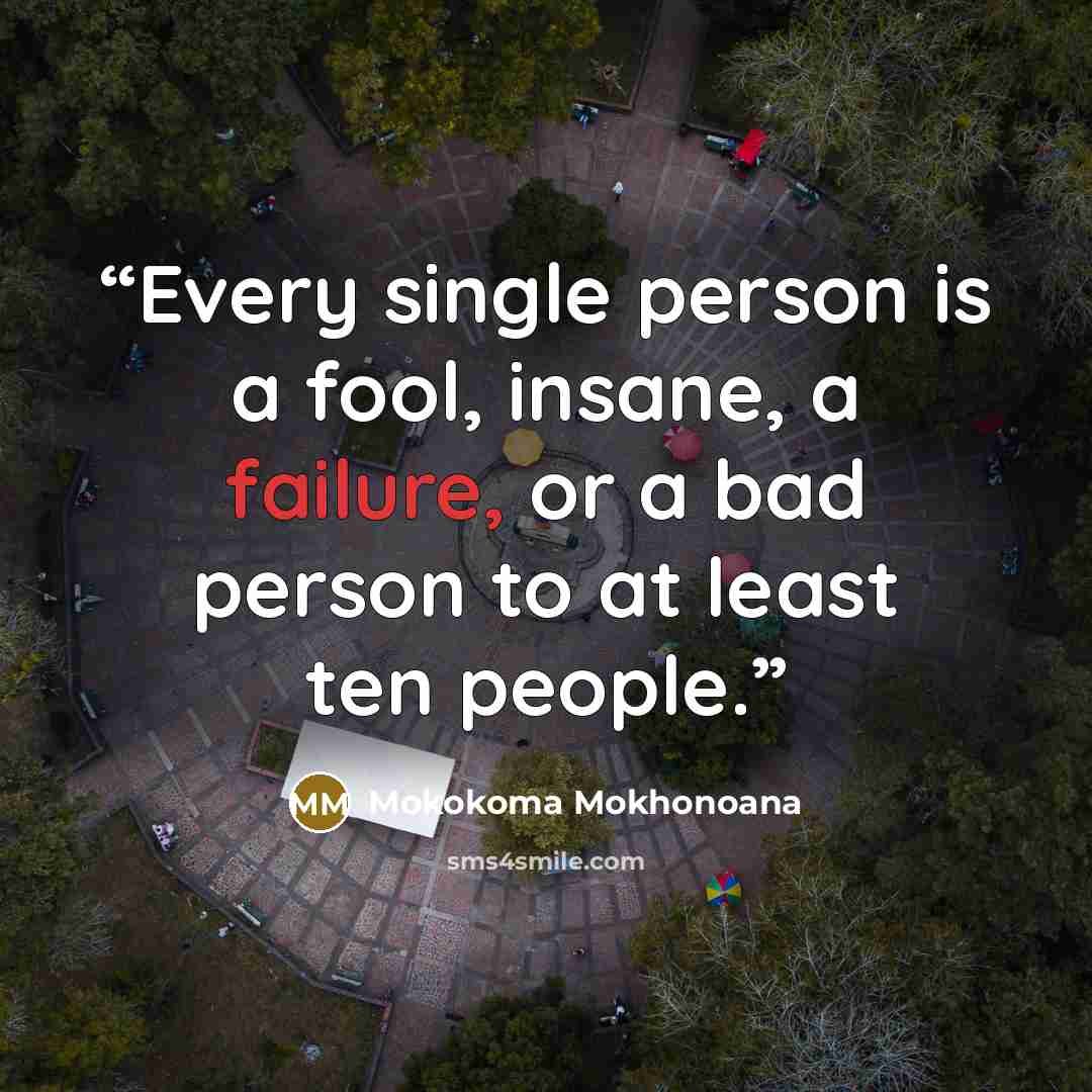 “Every single person is a fool, insane, a failure, or a bad person to at least ten people.” quote by Mokokoma Mokhonoana