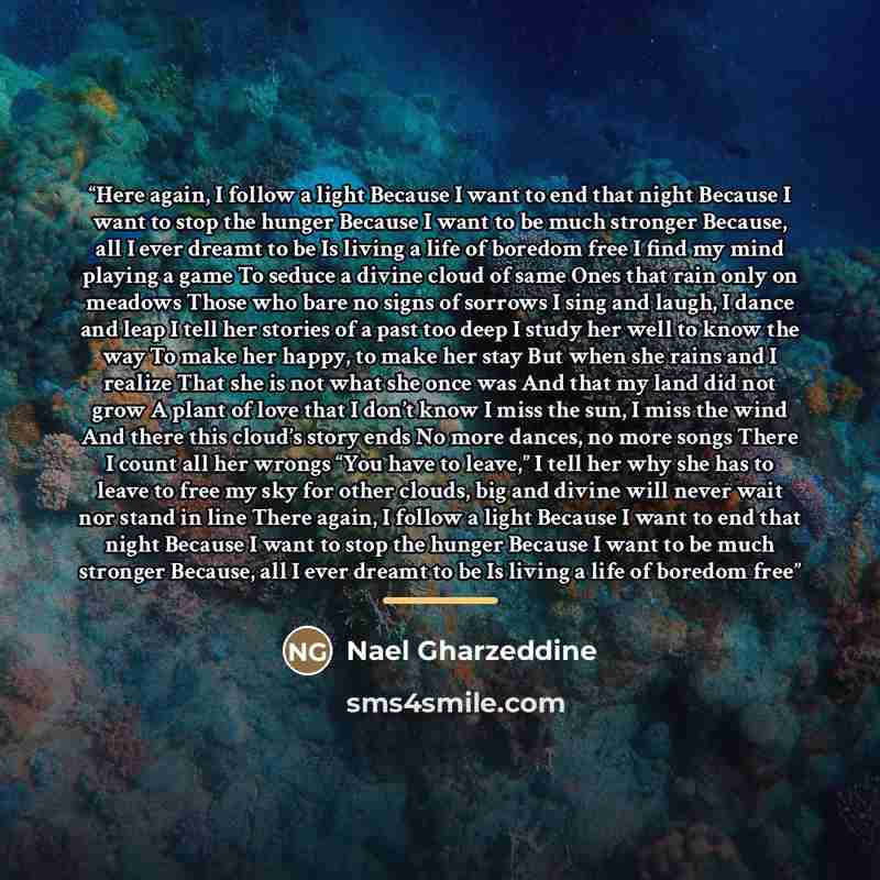 “Here again, I follow a light Because I want to end that night Because I want to stop the hunger Because I want to be much stronger Because, all I ever dreamt to be Is living a life of boredom free I find my mind playing a game To seduce a divine cloud of same Ones that rain only on meadows Those…” quote by Nael Gharzeddine