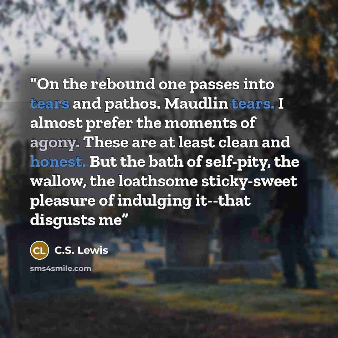 “On the rebound one passes into tears and pathos. Maudlin tears. I almost prefer the moments of agony. These are at least clean and honest. But the bath of self-pity, the wallow, the loathsome sticky-sweet pleasure of indulging it--that disgusts me” quote by C.S. Lewis
