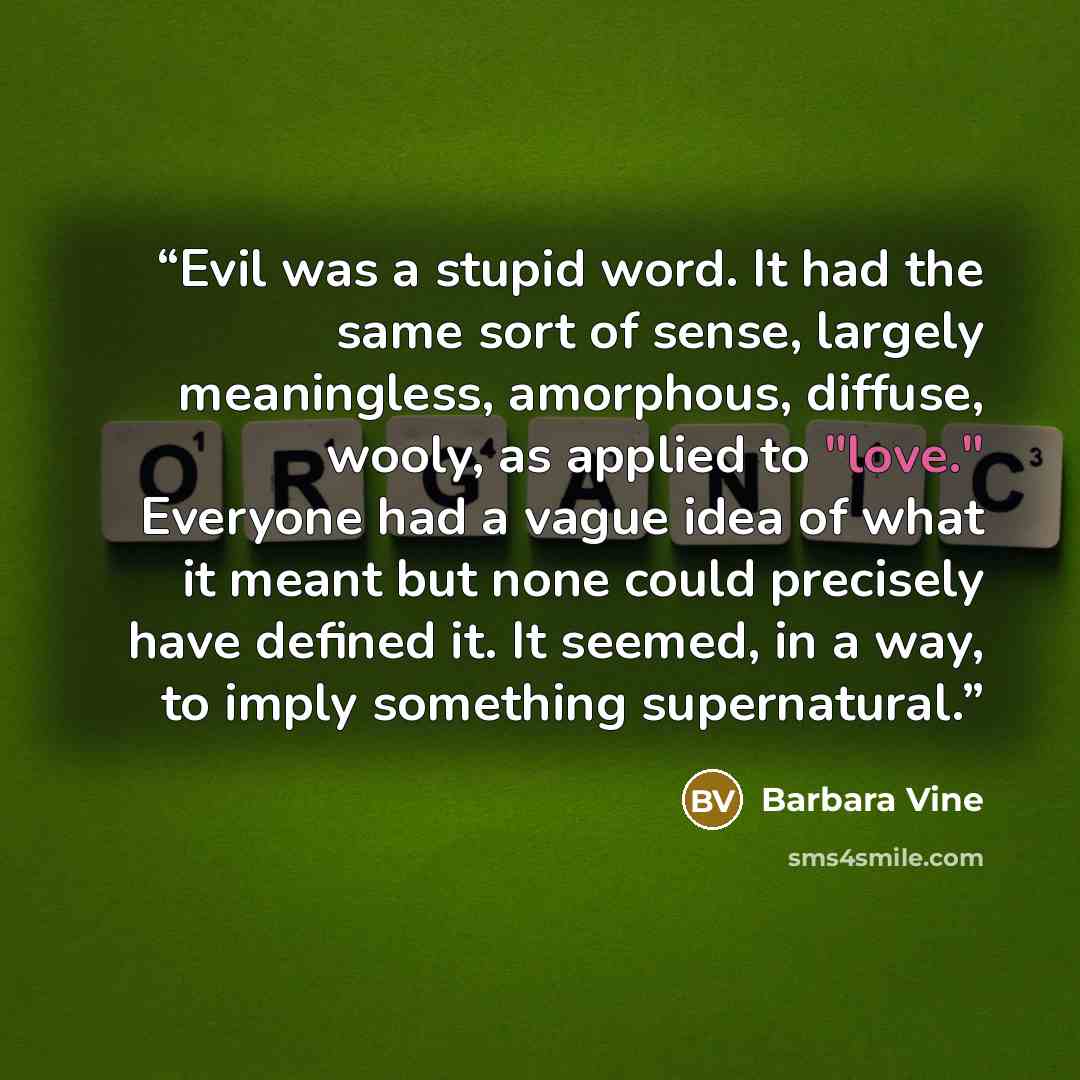 “Evil was a stupid word. It had the same sort of sense, largely meaningless, amorphous, diffuse, wooly, as applied to "love." Everyone had a vague idea of what it meant but none could precisely have defined it. It seemed, in a way, to imply something supernatural.” quote by Barbara Vine
