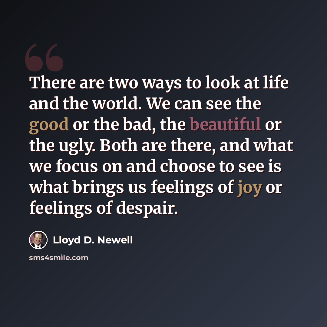 “There are two ways to look at life and the world. We can see the good or the bad, the beautiful or the ugly. Both are there, and what we focus on and choose to see is what brings us feelings of joy or feelings of despair.” quote by Lloyd D. Newell
