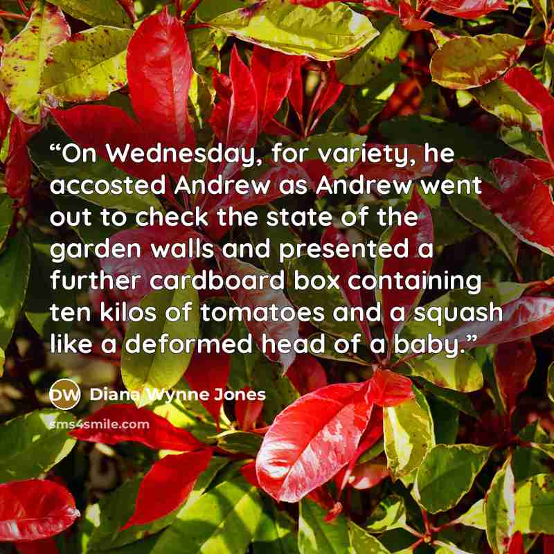 “On Wednesday, for variety, he accosted Andrew as Andrew went out to check the state of the garden walls and presented a further cardboard box containing ten kilos of tomatoes and a squash like a deformed head of a baby.” quote by Diana Wynne Jones