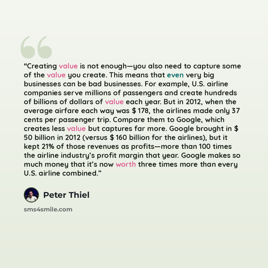 “Creating value is not enough—you also need to capture some of the value you create. This means that even very big businesses can be bad businesses. For example, U.S. airline companies serve millions of passengers and create hundreds of billions of dollars of value each year. But in 2012, when the…” quote by Peter Thiel