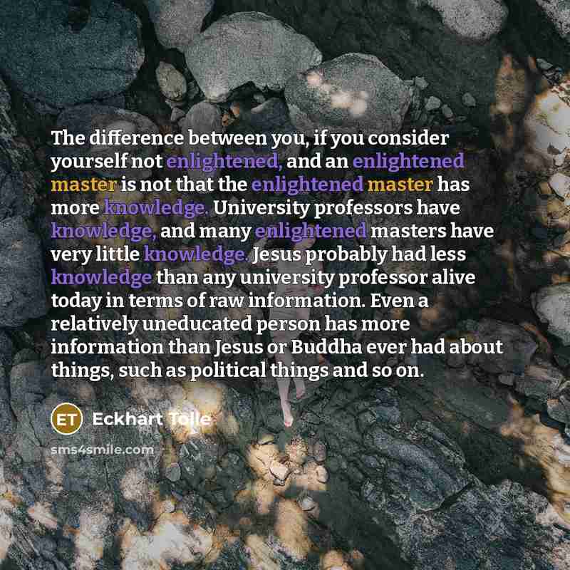 “The difference between you, if you consider yourself not enlightened, and an enlightened master is not that the enlightened master has more knowledge. University professors have knowledge, and many enlightened masters have very little knowledge. Jesus probably had less knowledge than any…” quote by Eckhart Tolle