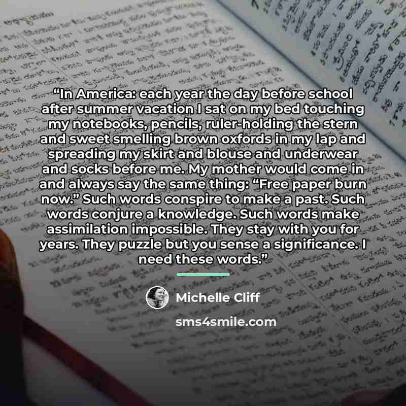 “In America: each year the day before school after summer vacation I sat on my bed touching my notebooks, pencils, ruler-holding the stern and sweet smelling brown oxfords in my lap and spreading my skirt and blouse and underwear and socks before me. My mother would come in and always say the same…” quote by Michelle Cliff