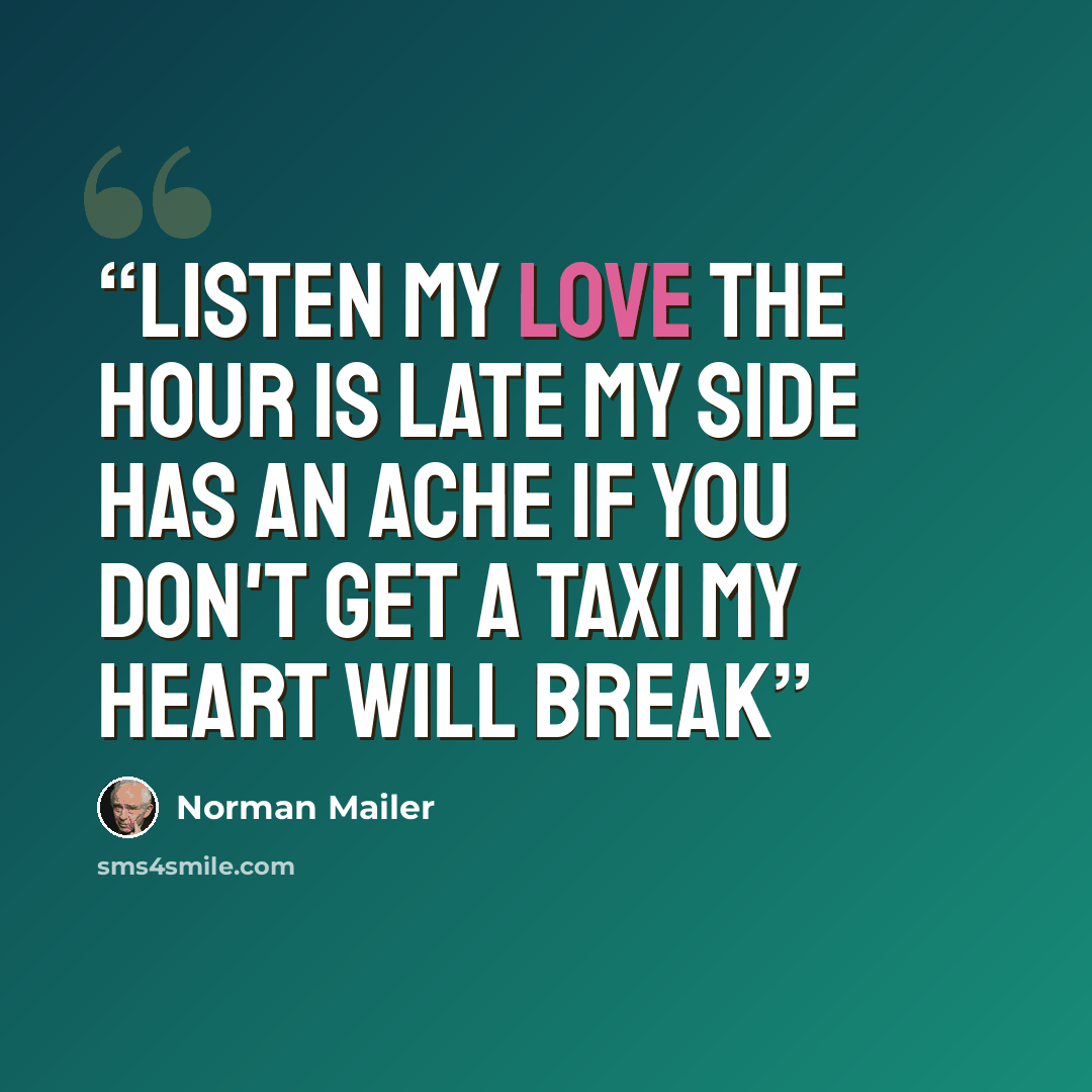 “Listen my love the hour is late my side has an ache If you don't get a taxi my heart will break” quote by Norman Mailer