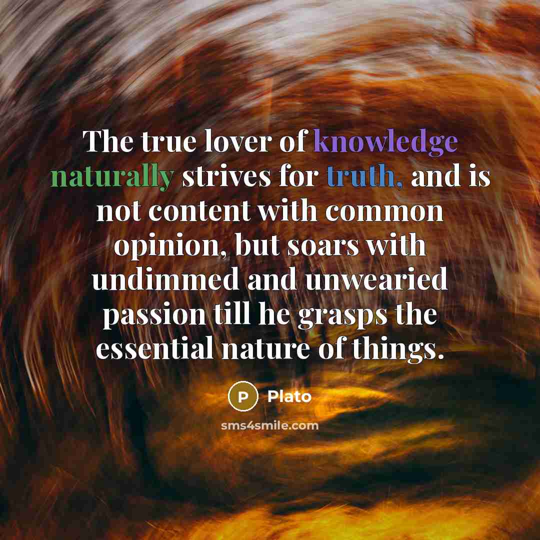 “The true lover of knowledge naturally strives for truth, and is not content with common opinion, but soars with undimmed and unwearied passion till he grasps the essential nature of things.” quote by Plato