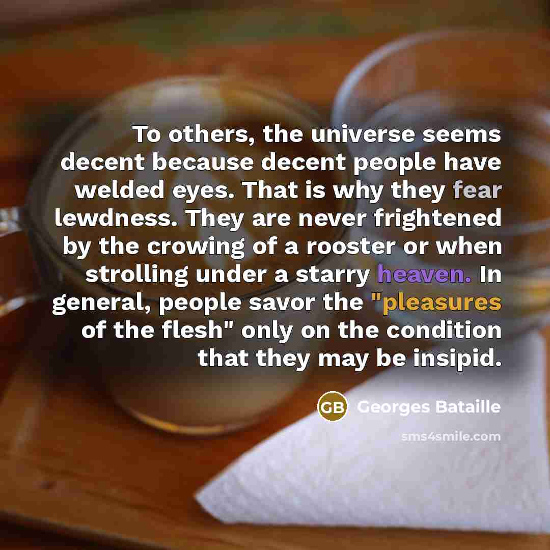 “To others, the universe seems decent because decent people have welded eyes. That is why they fear lewdness. They are never frightened by the crowing of a rooster or when strolling under a starry heaven. In general, people savor the "pleasures of the flesh" only on the condition that they may be…” quote by Georges Bataille