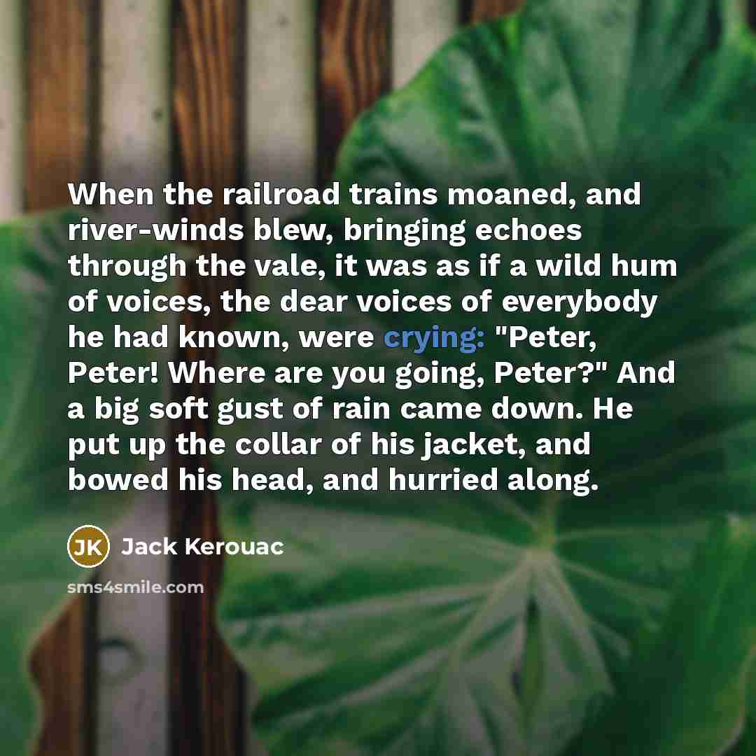 “When the railroad trains moaned, and river-winds blew, bringing echoes through the vale, it was as if a wild hum of voices, the dear voices of everybody he had known, were crying: "Peter, Peter! Where are you going, Peter?" And a big soft gust of rain came down. He put up the collar of his jacket…” quote by Jack Kerouac