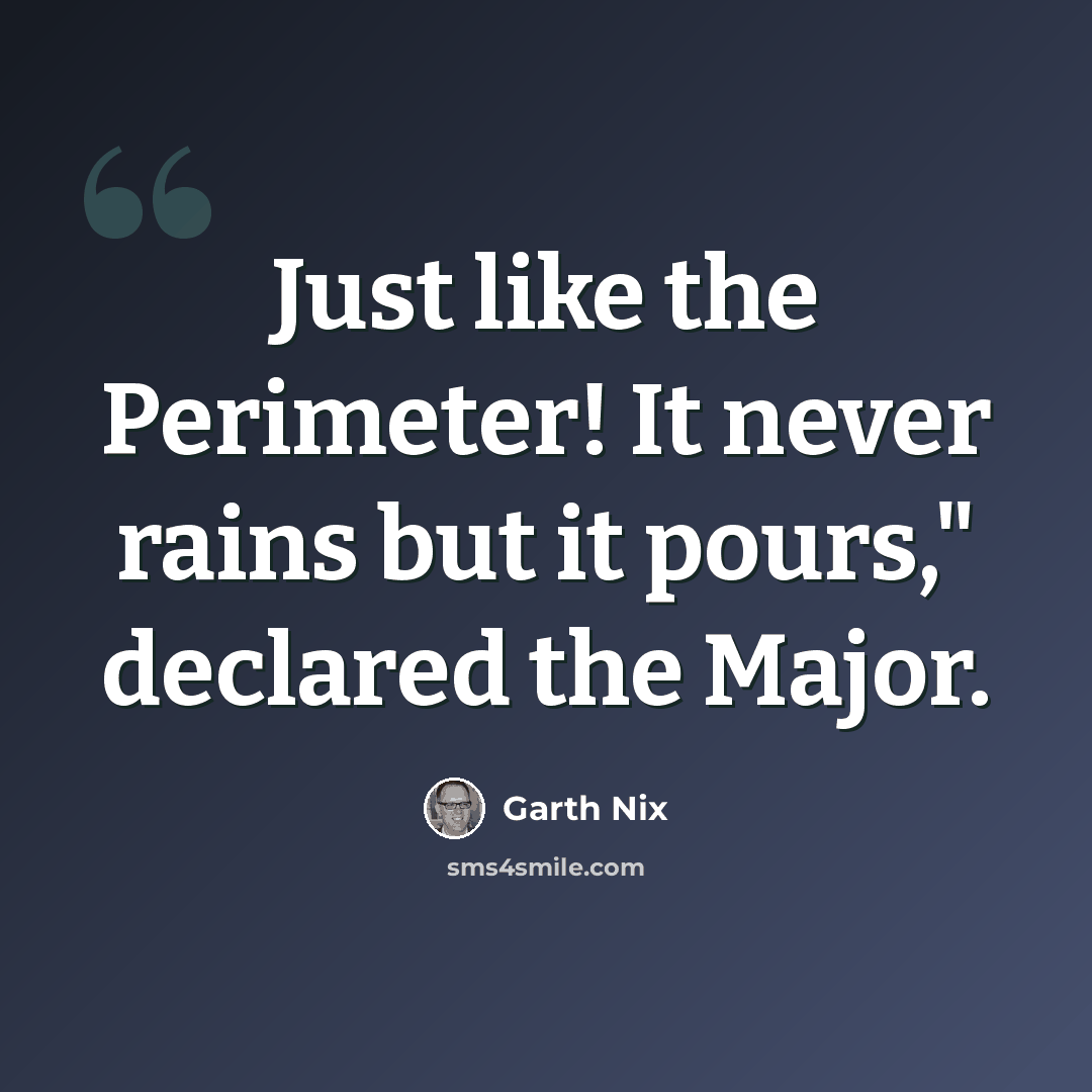 “Just like the Perimeter! It never rains but it pours," declared the Major.” quote by Garth Nix