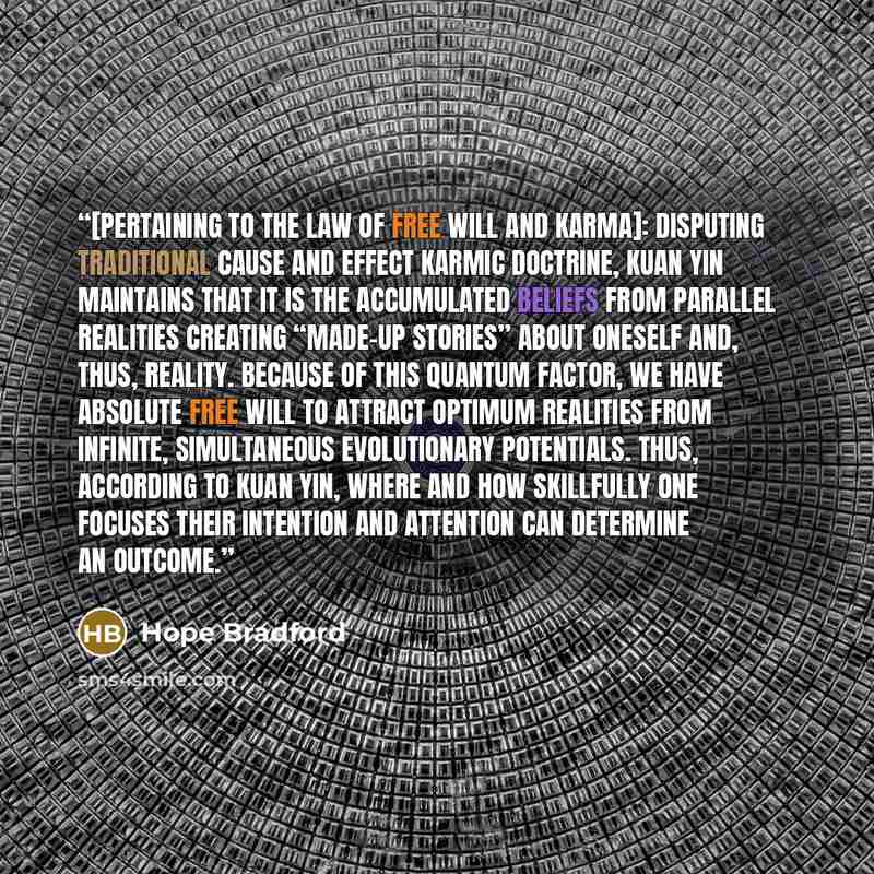 “[Pertaining to The Law of Free Will and Karma]: Disputing traditional cause and effect karmic doctrine, Kuan Yin maintains that it is the accumulated beliefs from parallel realities creating “made-up stories” about oneself and, thus, reality. Because of this quantum factor, we have absolute Free…” quote by Hope Bradford