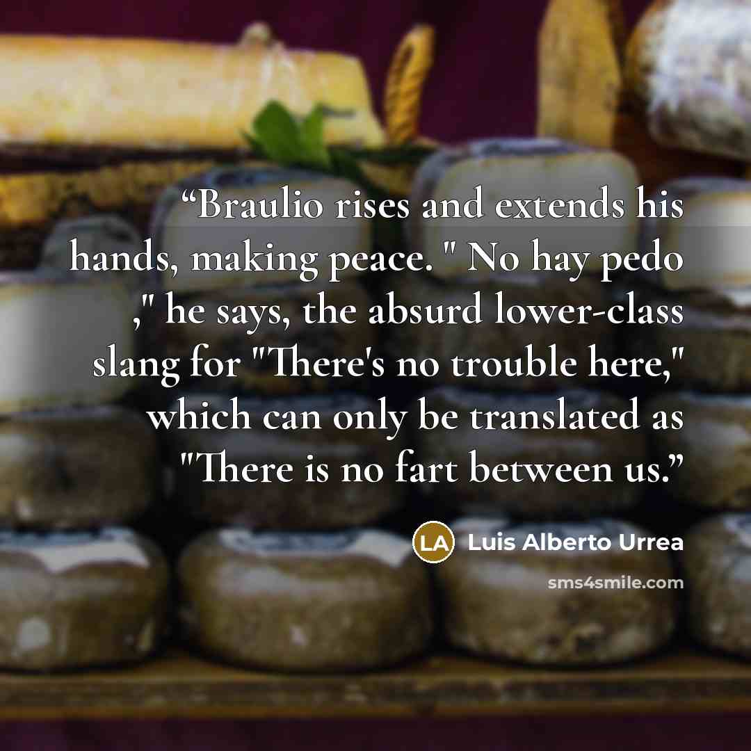 “Braulio rises and extends his hands, making peace. " No hay pedo ," he says, the absurd lower-class slang for "There's no trouble here," which can only be translated as "There is no fart between us.” quote by Luis Alberto Urrea