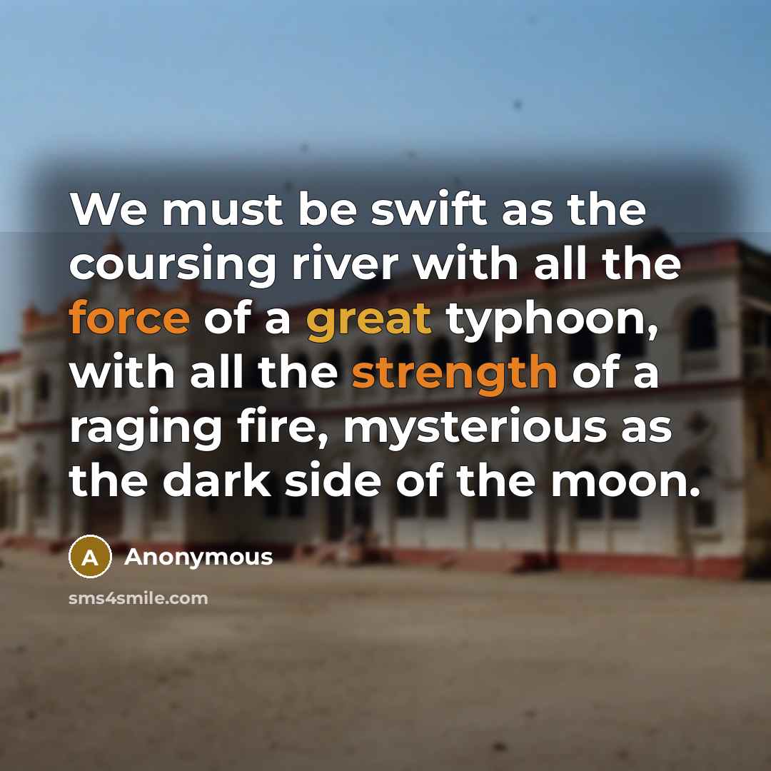 “We must be swift as the coursing river with all the force of a great typhoon, with all the strength of a raging fire, mysterious as the dark side of the moon.” quote by Anonymous